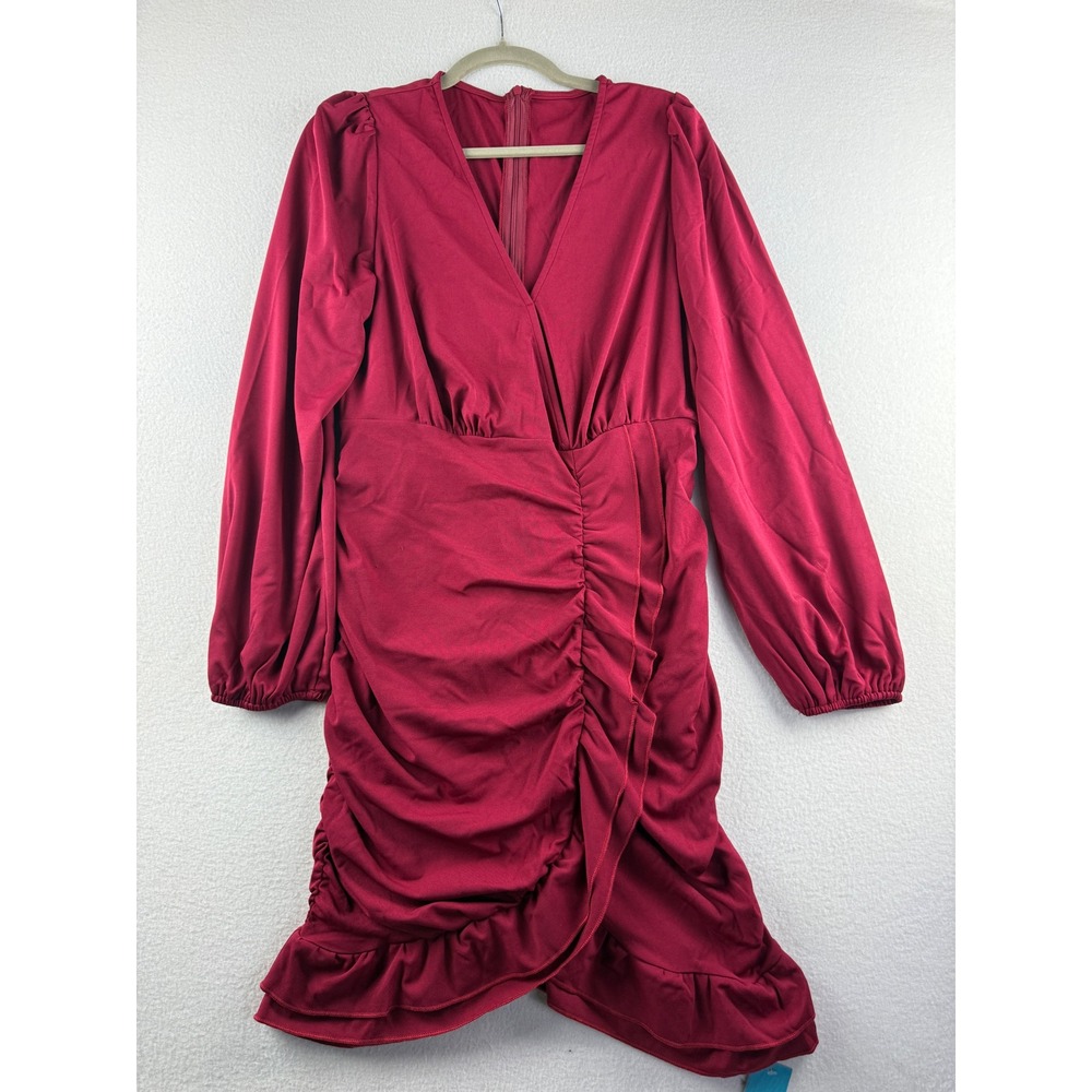 Cupshe Burgundy Ruched Wrap V-Neck Long Sleeve Ruffle Mini Dress CAA05A3L045JJ L